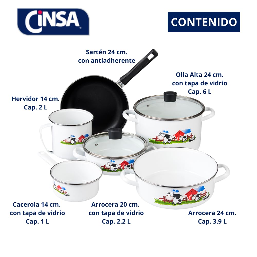 Cinsa Bateria de cocina Terranova Vaquitas en el corral, 9 piezas, Acero Vitrificado Novacero, Blanco con decorado de vacas
