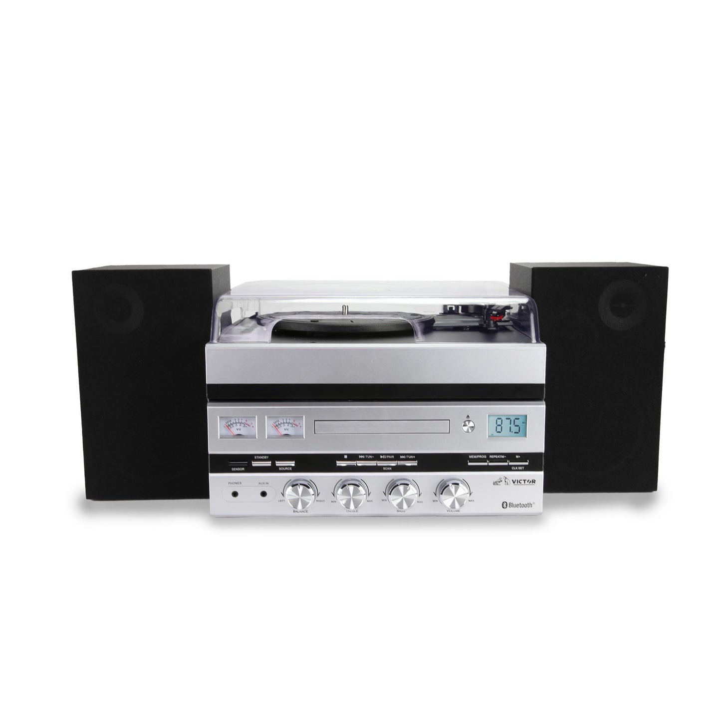 Victor VDTS-5400 Geneva Centro de música 5 en 1 con Bluetooth, Reproductor de CD, Radio FM, reproducción USB, Entrada Auxiliar, Control Remoto y Altavoces estéreo Separados, Perfecto para Amantes de