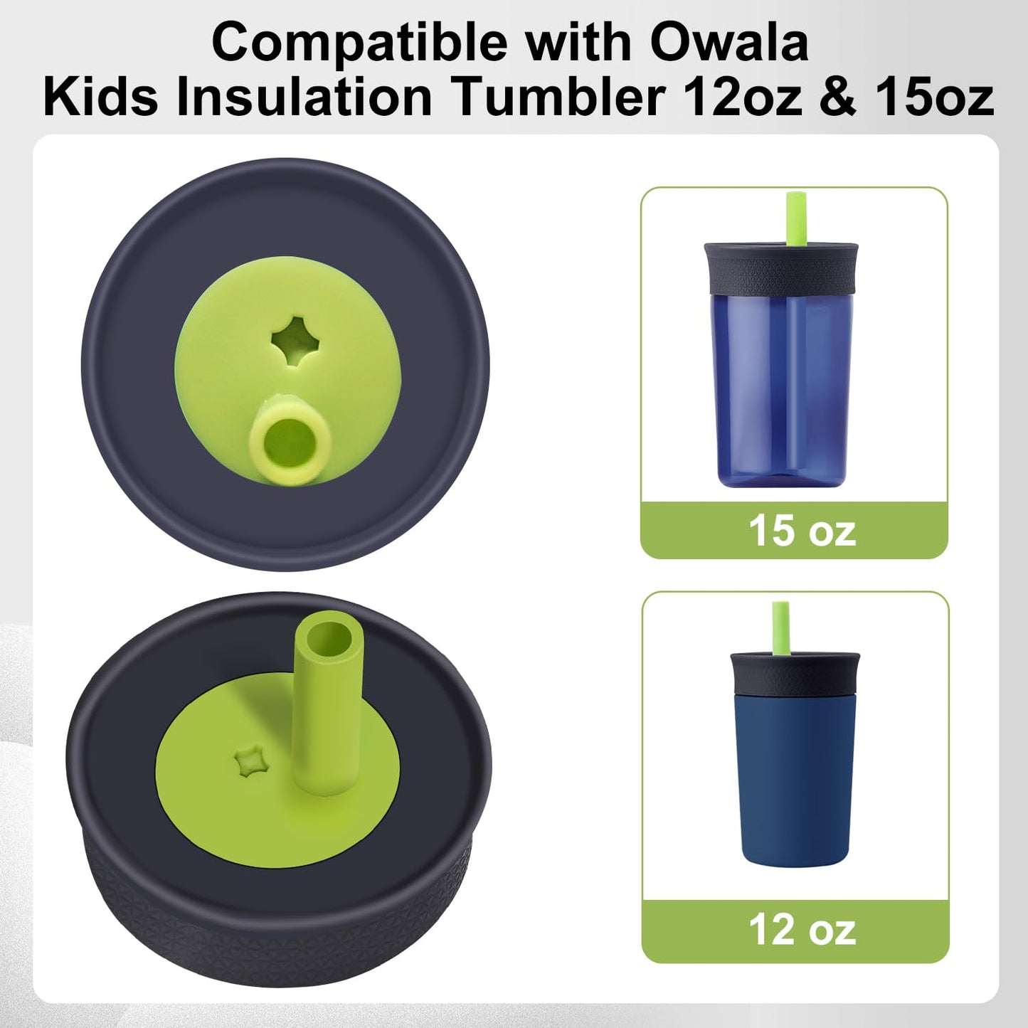 PHULWEL - Paquete de 2 tapas de repuesto para Owala Kids - Vaso aislante de 12 onzas y 15 onzas, tapa resistente a derrames con 4 popotes flexibles, sin BPA, apto para lavaplatos, accesorios para