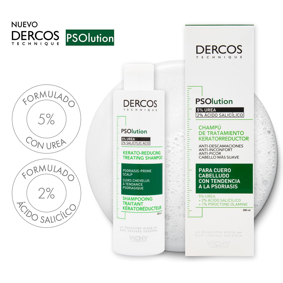 Dercos Psolution Shampoo de Tratamiento Kera Reconstructor para Piel Cabelluda Sensible, 200ml