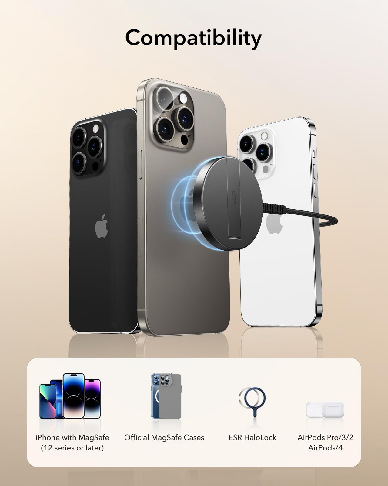 Cargador Inalámbrico ESR Magsafe con Soporte Qi2 15 W para iPhone y AirPods, Almohadilla de Carga Magnética Fuerte con Cable