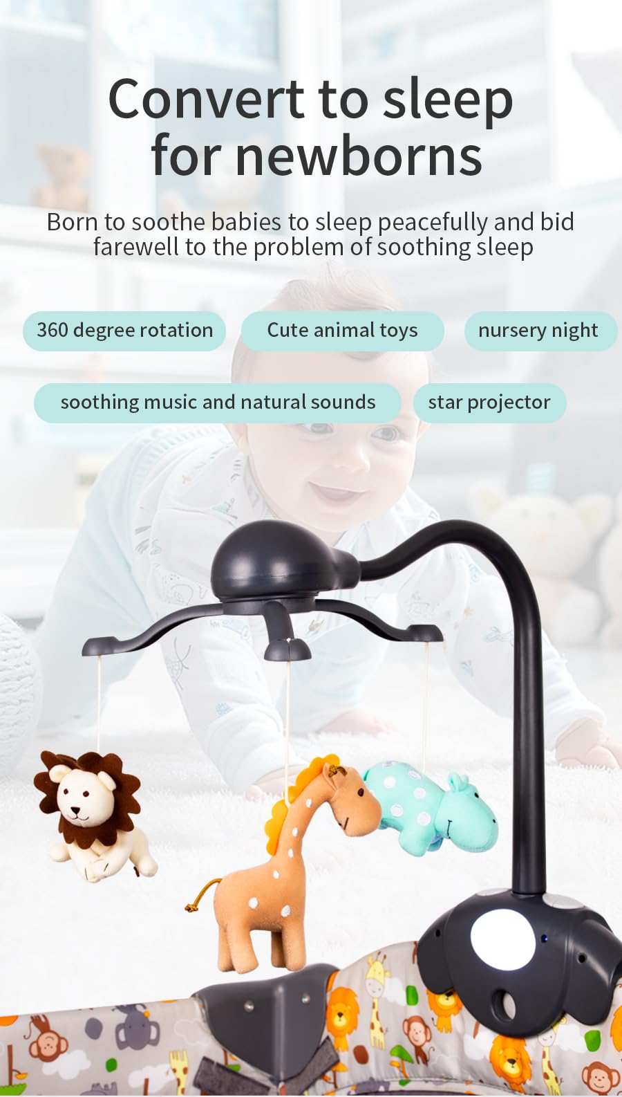 Hougyi Baby Music Mobile for Crib Playpen with Nursy Lights,Relaxing Music and Natural Sounds. Includes Light Projector with Stars and Shapes. Newborn Nursery Toys with Cradle Vibration. (Grey)