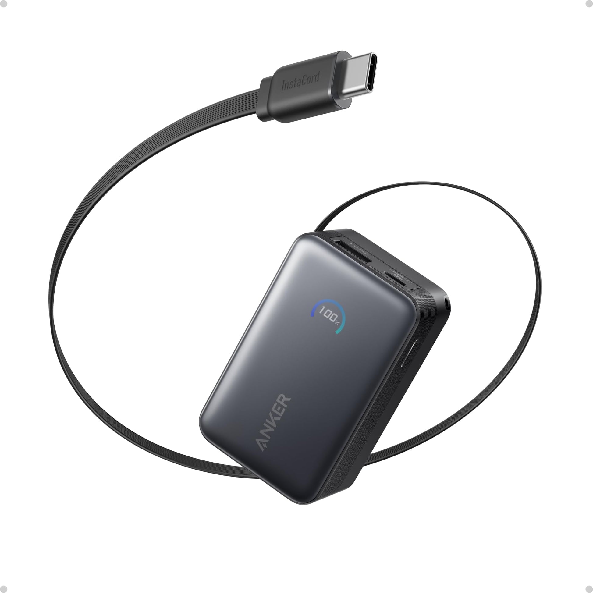 Cargador Portátil Anker Nano Negro de 10.000mAh con Cable Retráctil InstaCord y Pantalla Inteligente para iPhone, iPad, Galaxy y Pixel