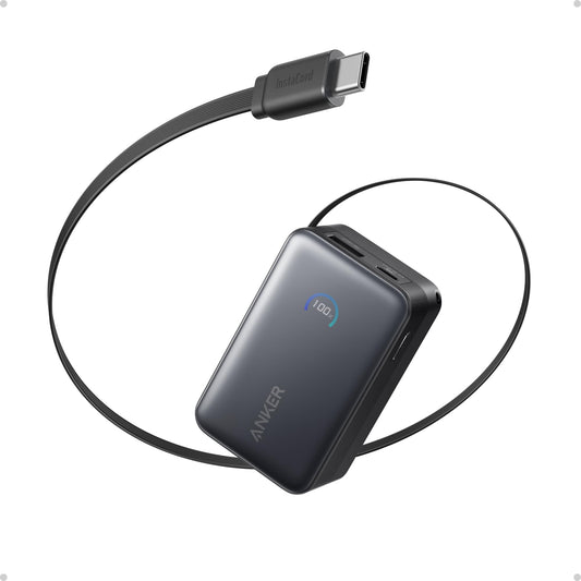 Cargador Portátil Anker Nano Negro de 10.000mAh con Cable Retráctil InstaCord y Pantalla Inteligente para iPhone, iPad, Galaxy y Pixel