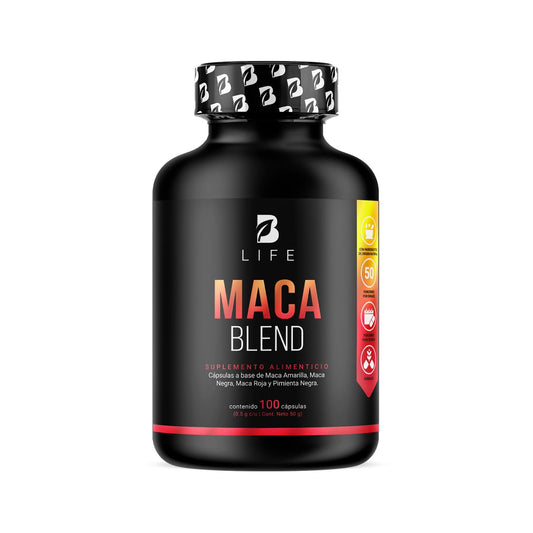 Complejo de Maca 100 Cápsulas 1000 mg por porción. Maca Amarilla, Negra, Roja y Pimienta Negra. Ingredientes naturales. Maca Blend B Life.