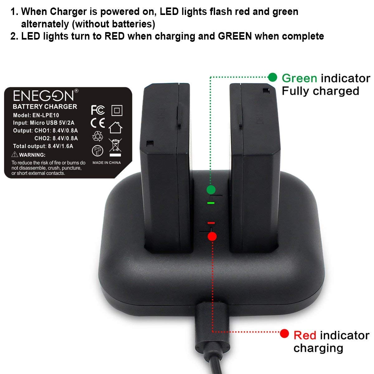 Cargador de Baterías ENEGON Negro USB Dual LED Inteligente para Cámaras Canon EOS Rebel y EOS Serie 1100D-2000D (2 Pack)