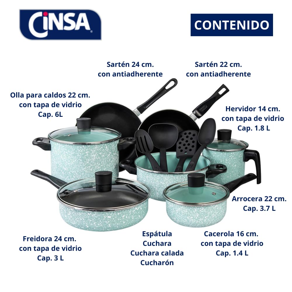 Cinsa Batería de cocina Granito Jade Menta 15 piezas, peltre pesado con antiadherente, tapas de vidrio templado, Jade Menta (15 piezas)