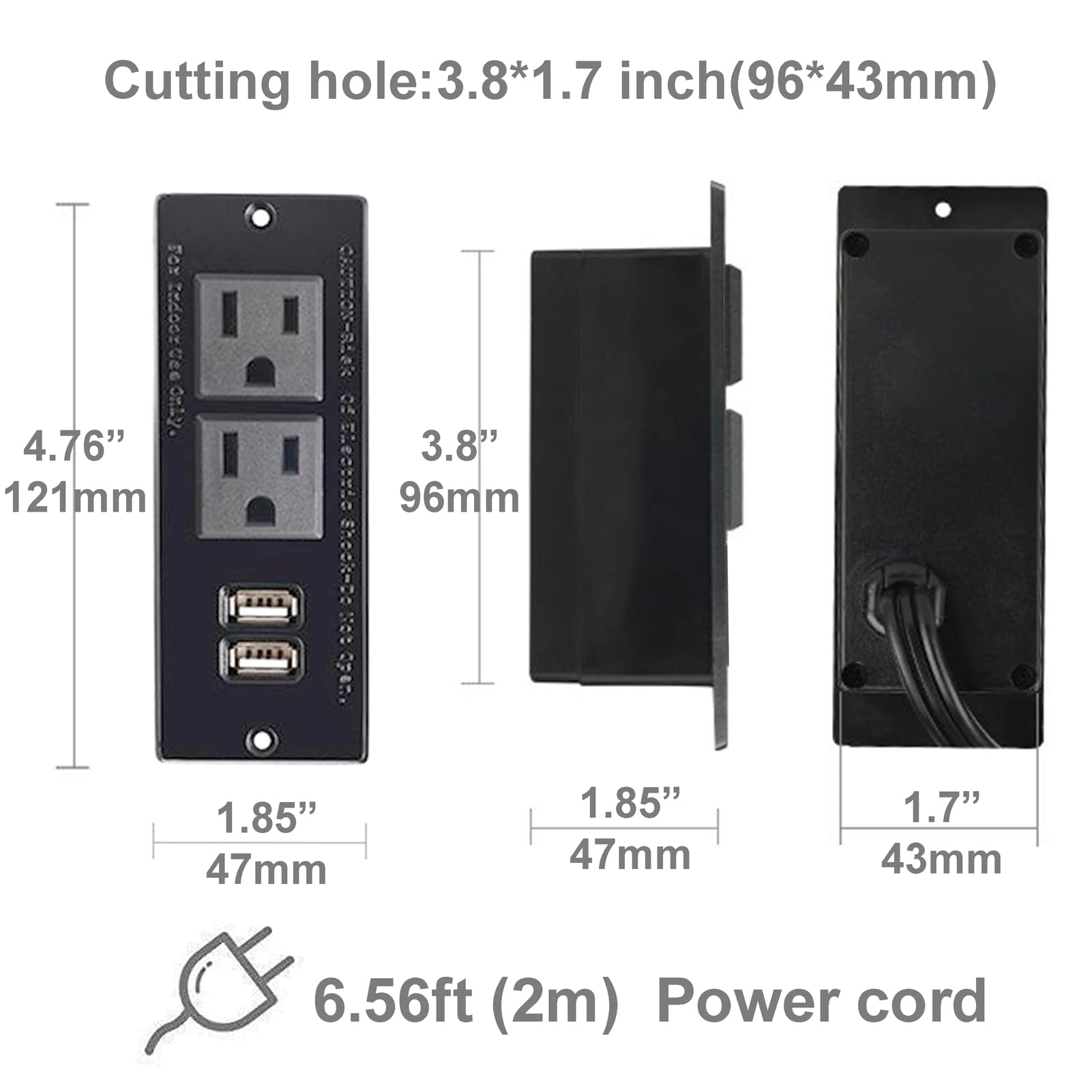4 LEAF Regleta Empotrada con USB Tira de Alimentación Multicontacto Enchufe 2 Tomas 2 USB Cable Extensión 2 Metros Montaje para Mesa Sofá Gabinete Nightstand Nergo