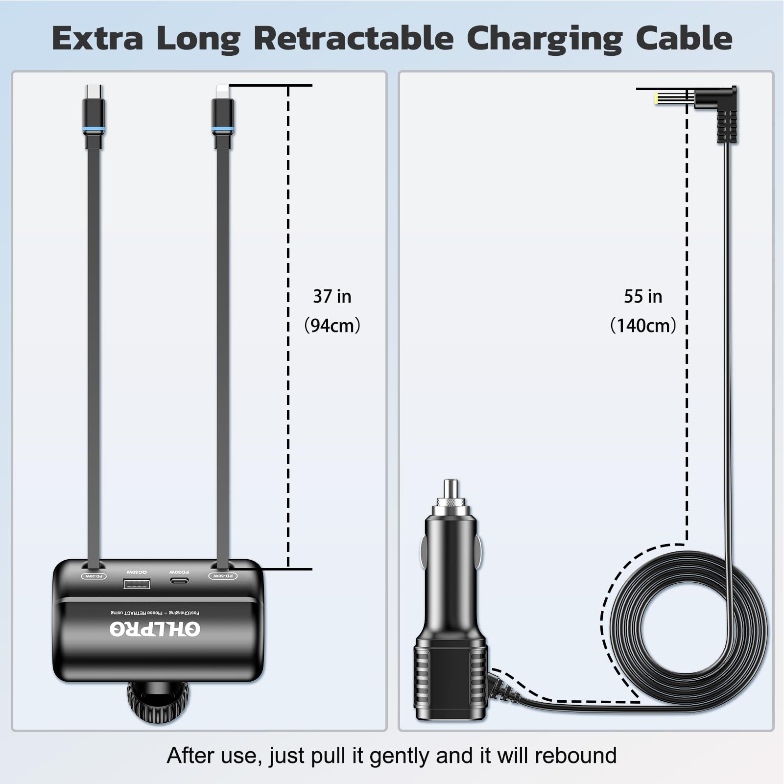 OHLPRO Estación de Carga retráctil para Asiento Trasero para Varios automóviles, Adaptador de Cargador rápido para automóvil de 110 W para Todos los teléfonos, Ideal para Taxi, Uber, Lyft
