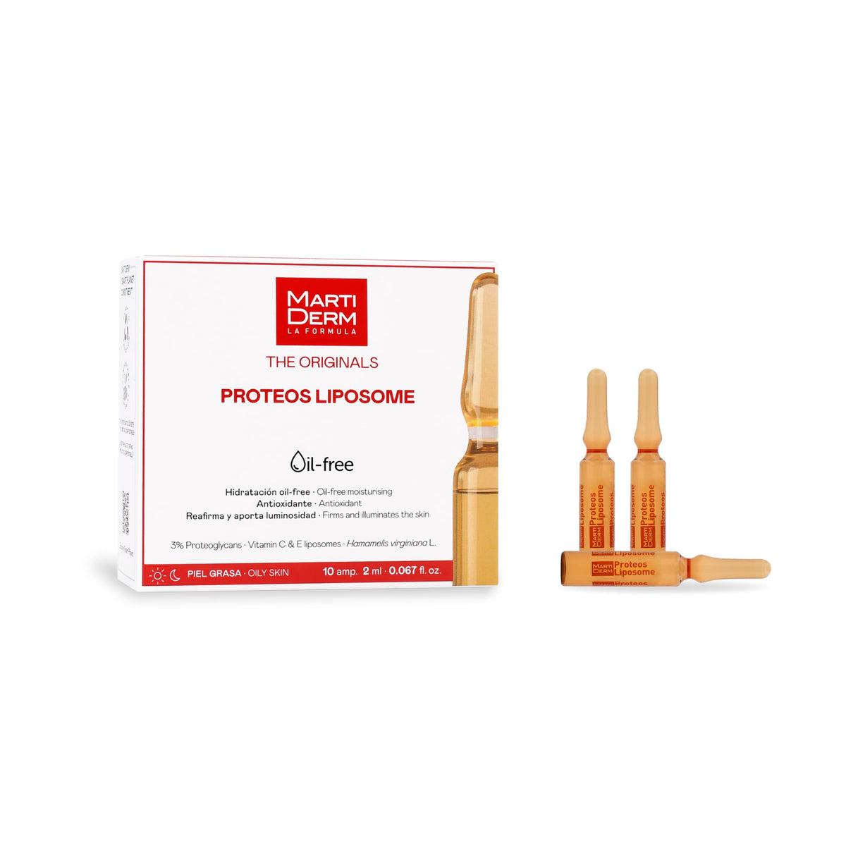 MartiDerm Proteos Liposome Ampolletas faciales hidratantes y antioxidantes. Proteoglicanos + Vitamina C y E liposomadas. Reafirman y aportan luminosidad. Formula oli-free para piel grasa - 10 ampolletas