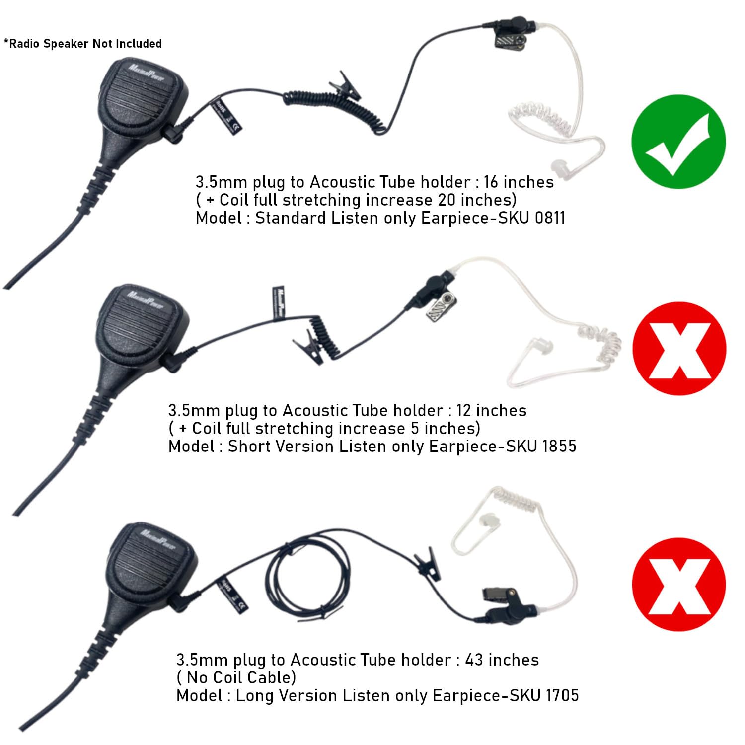 Auriculares de Vigilancia MaximalPower Transparentes con Tubo de Bobina Acústica 3,5 mm para Radios Bidireccionales (Paquete de 3)