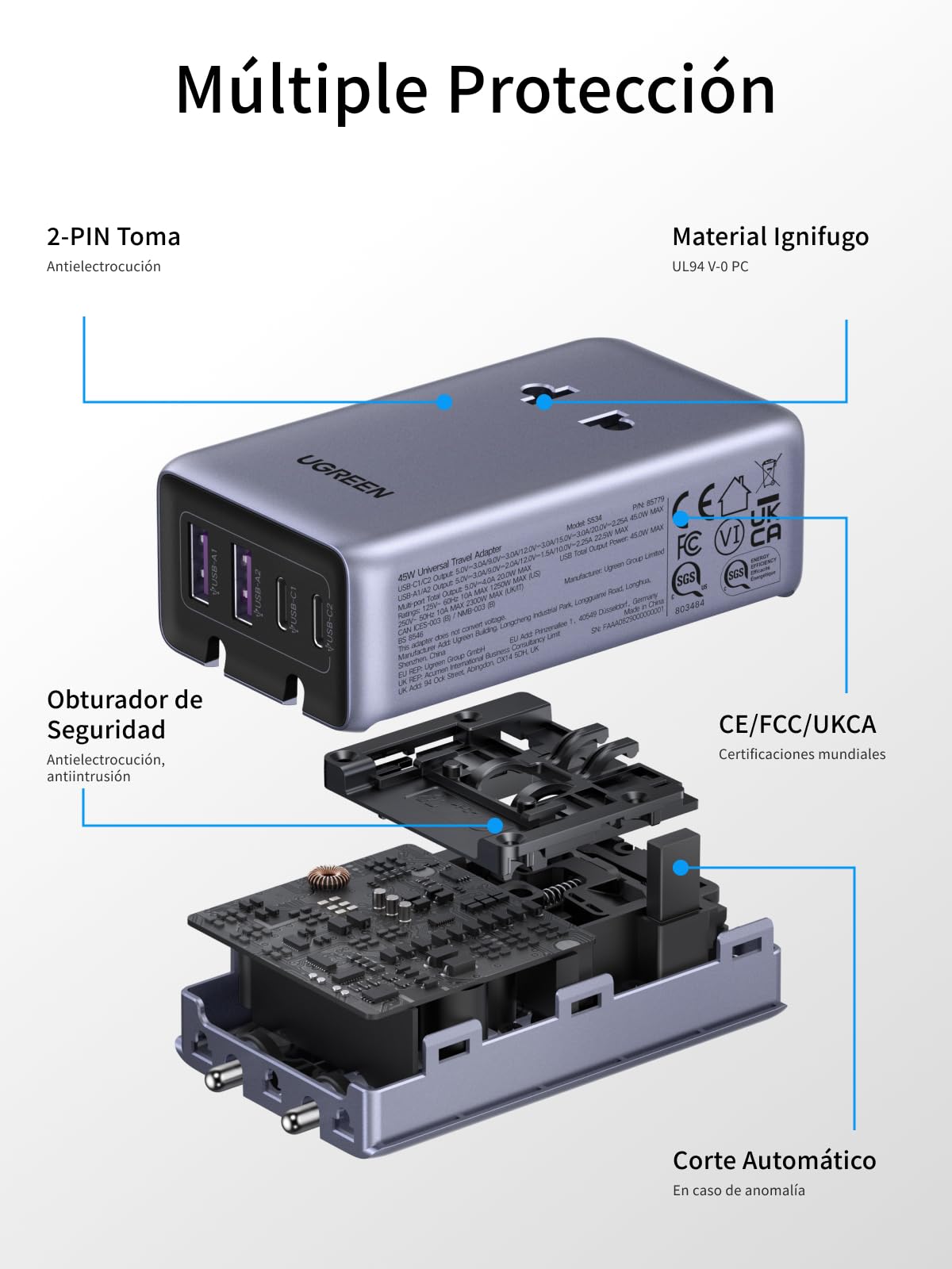 Adaptador Universal de Viaje UGREEN Europeo PD 45W GAN 6 en 1