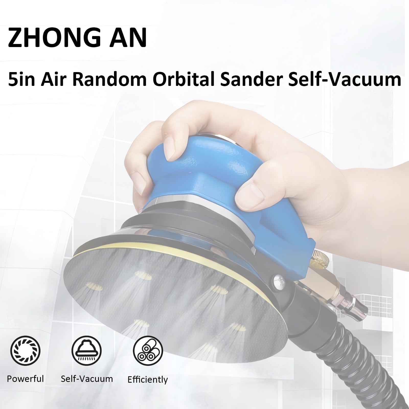 ZHONG AN Lijadora orbital profesional de 5 pulgadas, lijadora de palma de doble acción para trabajo corporal automático, sistema de aspiradora de gancho y bucle