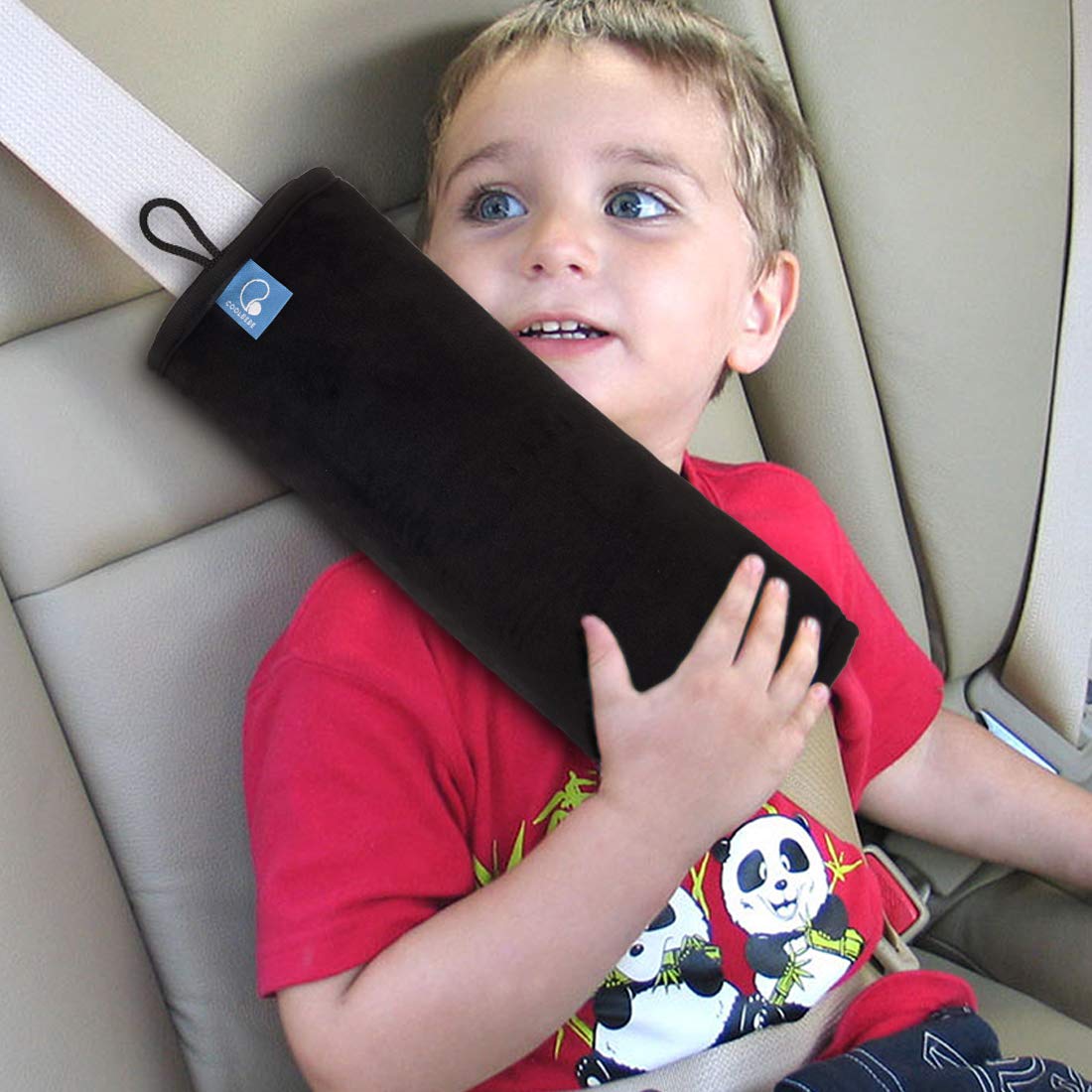 COOLBEBE - Almohada para cinturon de seguridad para ninos, extra suave, almohada de viaje para cuello y hombro en el coche, almohadilla universal para asiento de coche para ninos, bebes, adultos, color negro