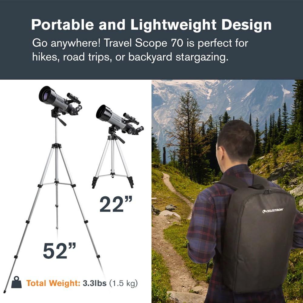 Celestron - 70mm Travel Scope DX - Portable Refractor Telescope - Fully-Coated Glass Optics - Ideal Telescope for Beginners - Digiscoping Smartphone Adapter