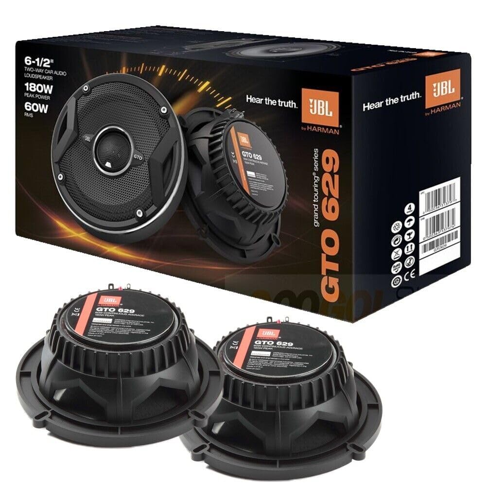 JBL GTO629 Altavoces de Audio para Coche de la Serie Grand Touring de 6.5" - 2 Vías, 360 Vatios de Potencia MÁXIMA, Reemplazo de Tamaño de Fábrica Incluye Paño de Limpieza Iron Crush.