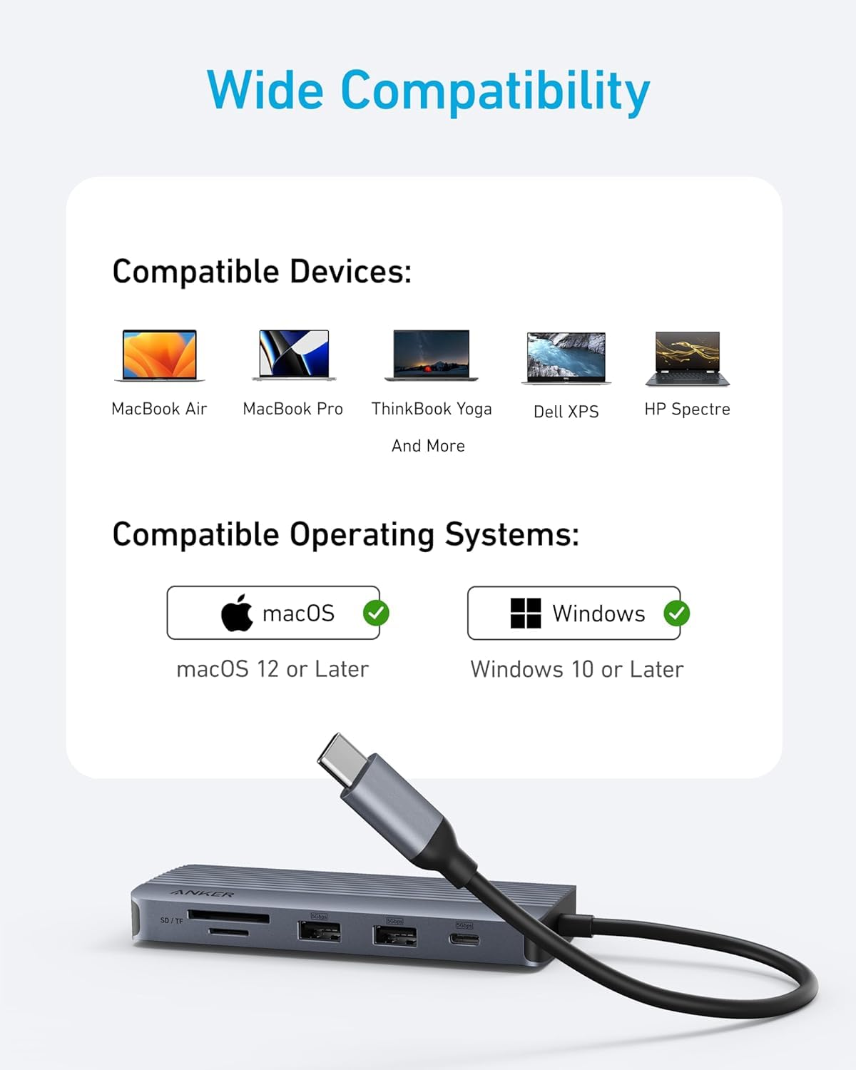 Concentrador USB C Anker 10 en 1 Gris con HDMI 4K y VGA para Dell XPS