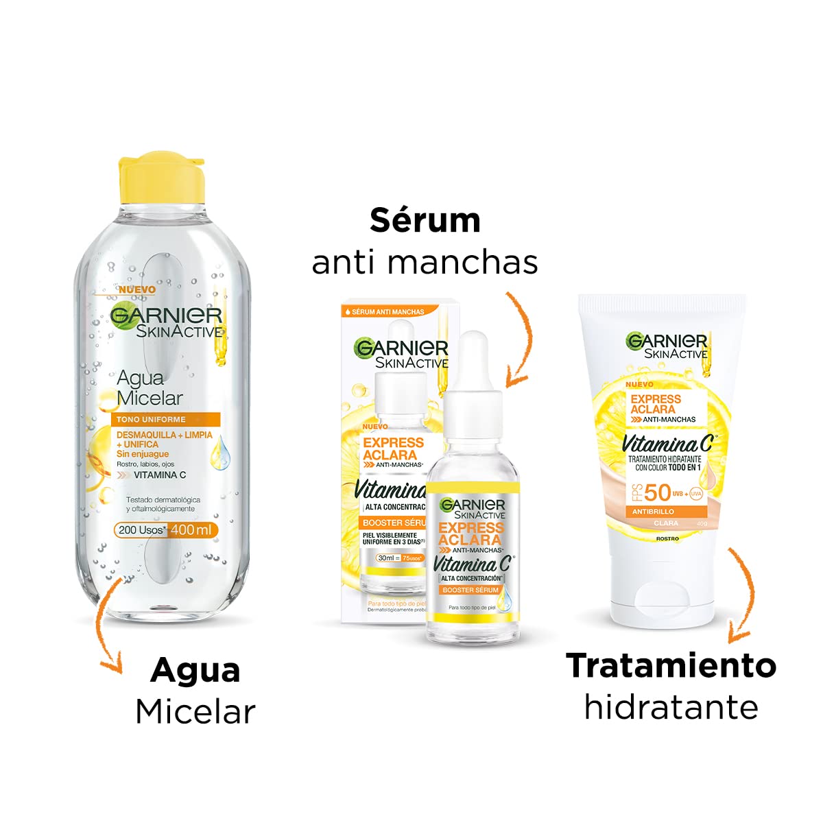 Garnier Skin Active Kit Express Aclara: Sérum, Todo en 1 Tono Claro y Micelar