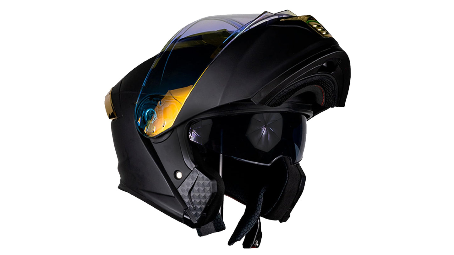 KOV Casco Thunder ABATIBLE Negro Dorado para Moto Mica Dorada Certificado Dot (XXL)