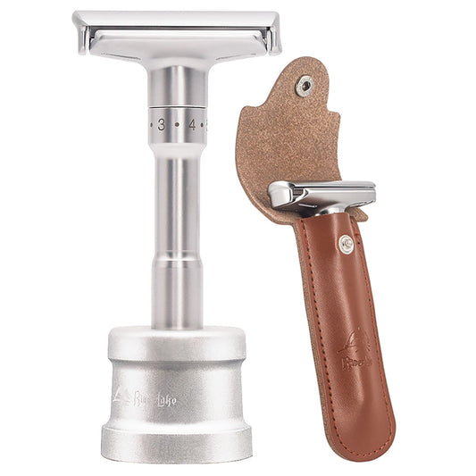 Safety Shaving Razor Set, River Lake RZ700 Long Handle Stainless Adjustable Double Edge Classic Safety Shaver Razor (1 Razor, 1 Stand, 1 Leather Protective Sleeve & 10pcs DORCO blades)