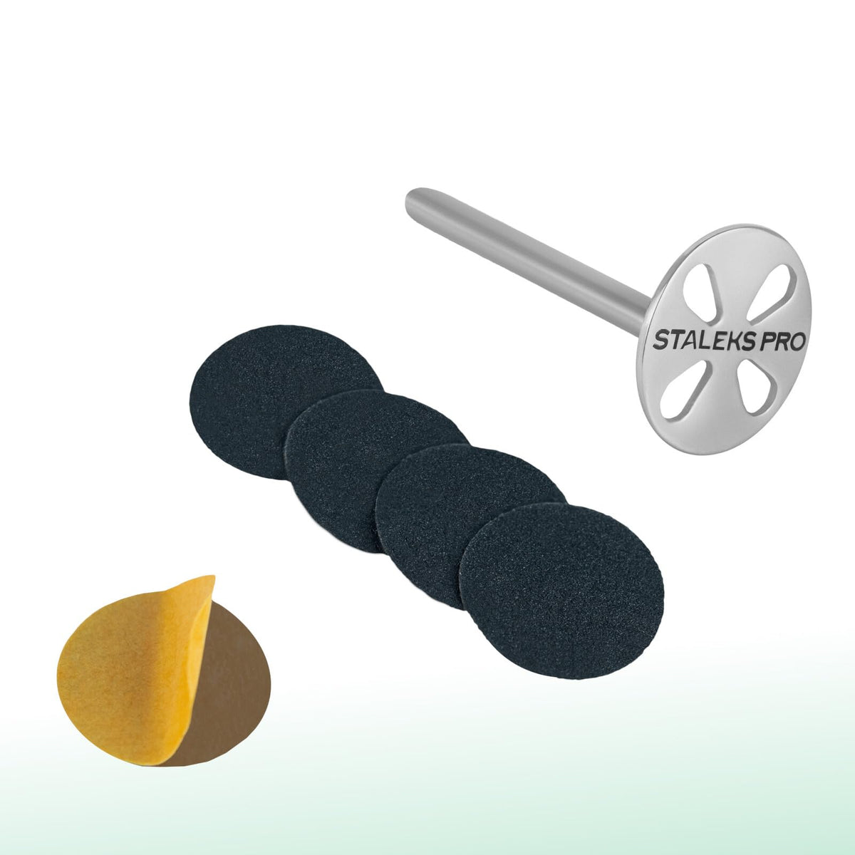 Staleks Pododisc Expert - Disco de pedicura de acero inoxidable alargado + 5 almohadillas adhesivas desechables de 180 granos, diámetro de 15 mm