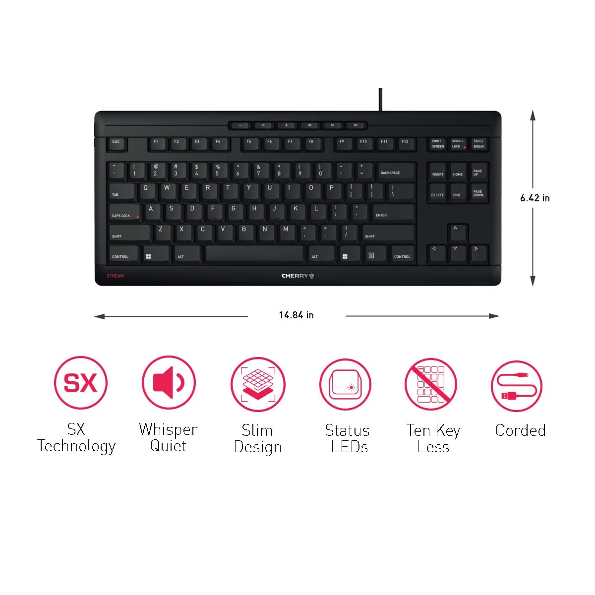 Teclado CHERRY Stream TKL Negro Silencioso con Cable USB Versión Compacta Sin Teclado Numérico Reacondicionado