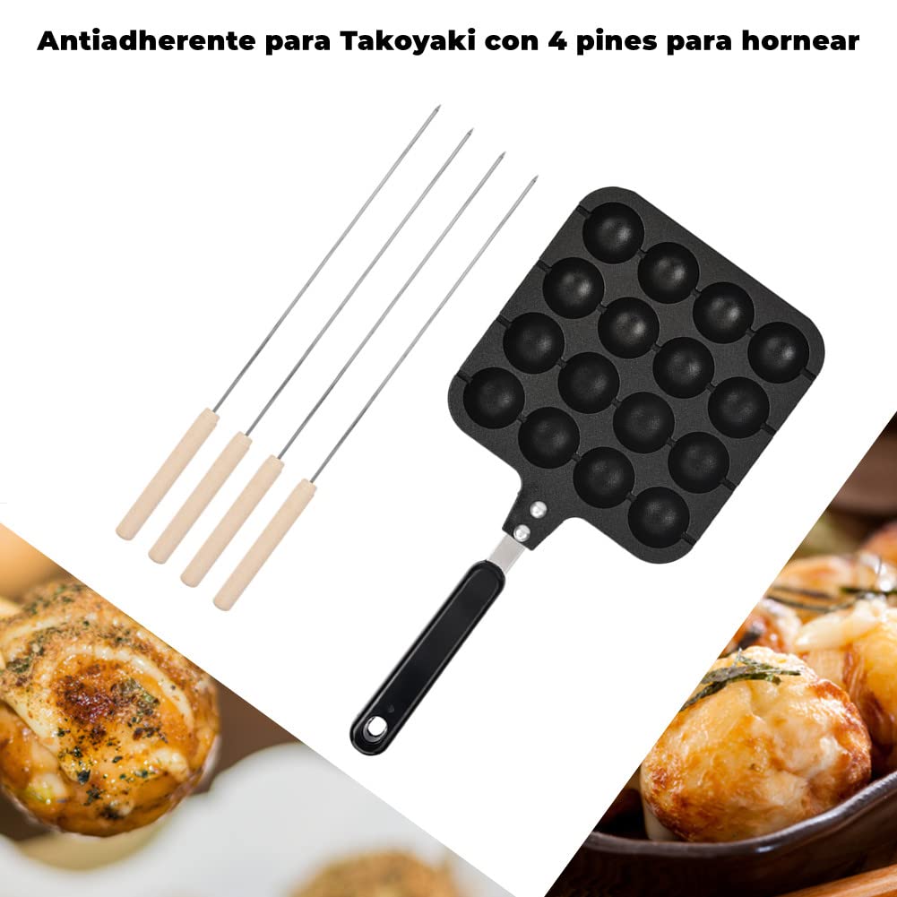 Plato Antiadherente para Parrilla Takoyaki Sólido con 16 Agujeros y 4 Pines para Hornear