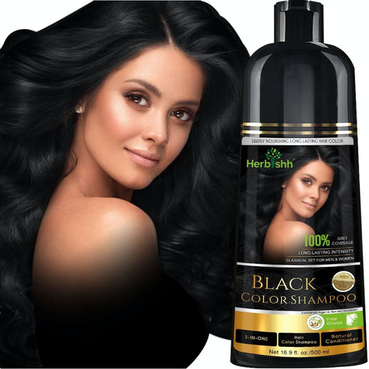 Herbishh - Champú colorante para cabello gris, champú con tinte natural para el cabello, colorea el cabello en minutos, dura hasta 3 o 4 semanas, 500 ml, tinte de cabello 3 en 1, sin amoniaco | (negro)