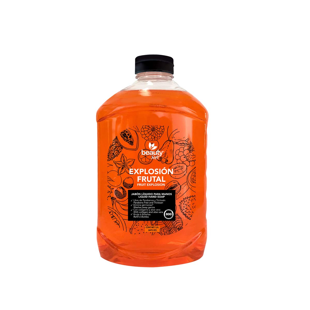 Jabón liquido para manos antibacterial 1.8 Litros Libre de Parabenos y Triclosán con Colageno y Aloe Vera Explosión Frutal