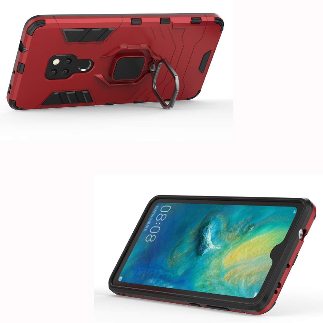 Compatible con Huawei Mate 20 Funda, Anillo Metálico Sujeción Soporte Antichoque Rígido Caja (Funciona con el Montaje de Coche Magnético) Doble Capa Sólido Case Carcasa para Huawei Mate 20 (Rojo)