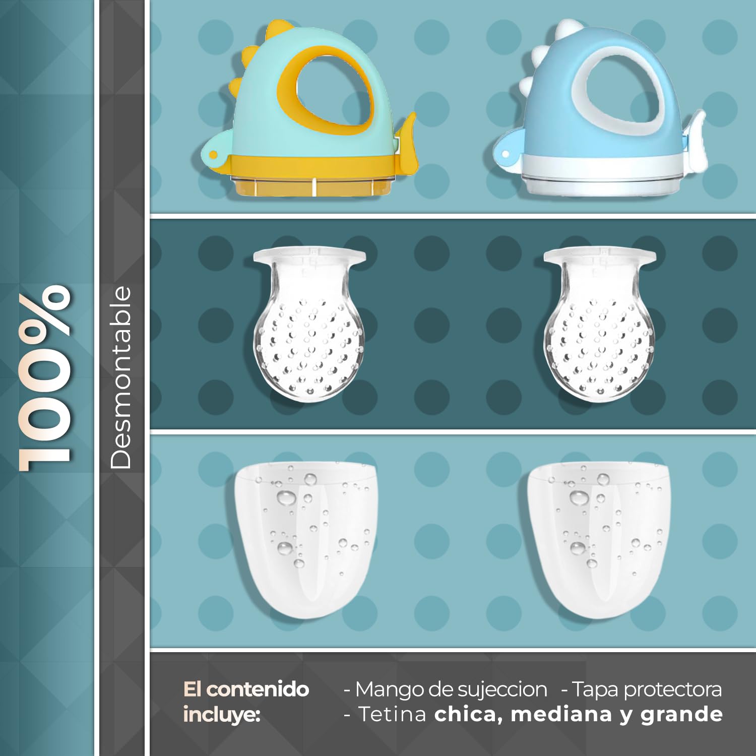 Chupón para Fruta y Papilla, con Seguro y Tapa, Diseños de Dinosaurio, 2 Piezas, Varios Colores y Libre de BPA, Para Niño y Niña | Azul y Verde Amarillo