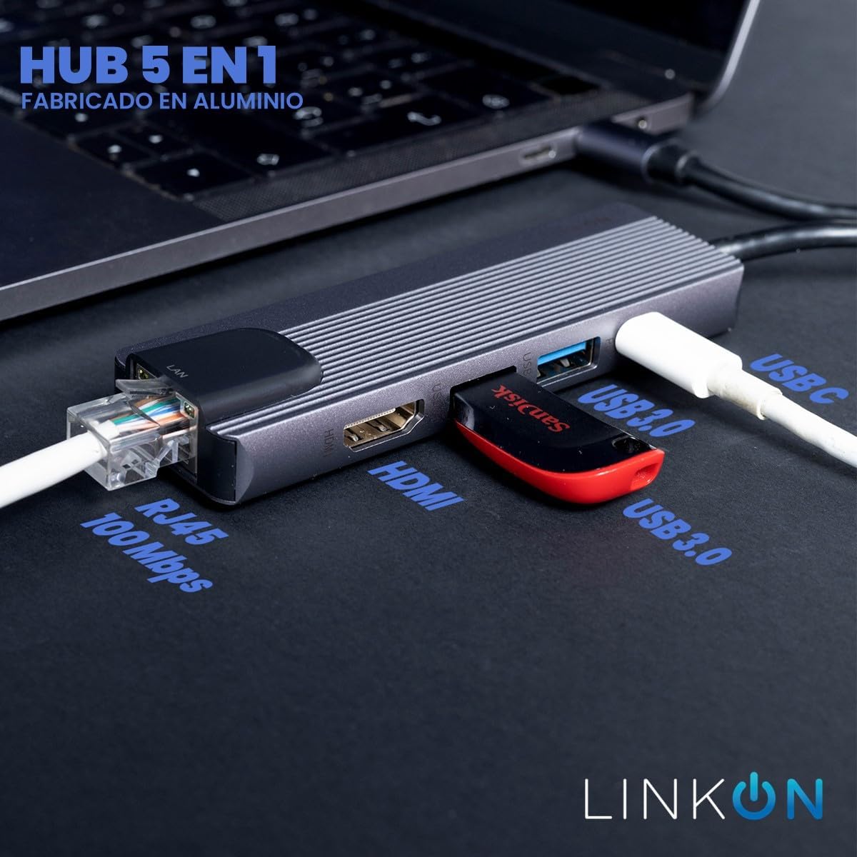 LINKON - Hub USB C Adaptador USB a Tipo C HDMI 4K, Ethernet Red RJ45 100Mbps, 2 Puertos USB 3.0, Carga Rápida 87W PD, Docking Station, Adaptador de Red (RJ45 5 en 1 100 MBps)