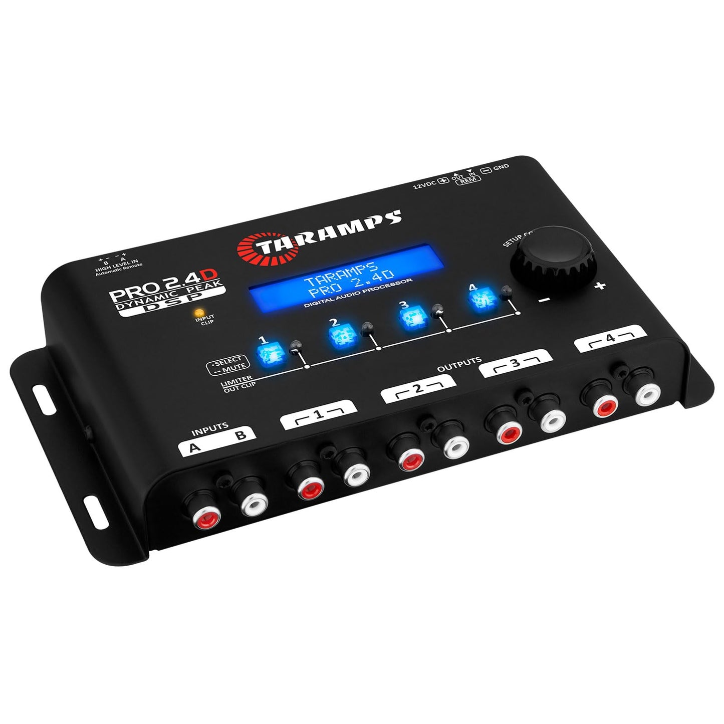 Taramps Pro 2.4D Dynamic Peak DSP Crossover Procesador y ecualizador de audio de coche de señal digital completa, entrada RCA y de alto nivel, salida de 4 canales, entrada de 5 bandas, Eq 12