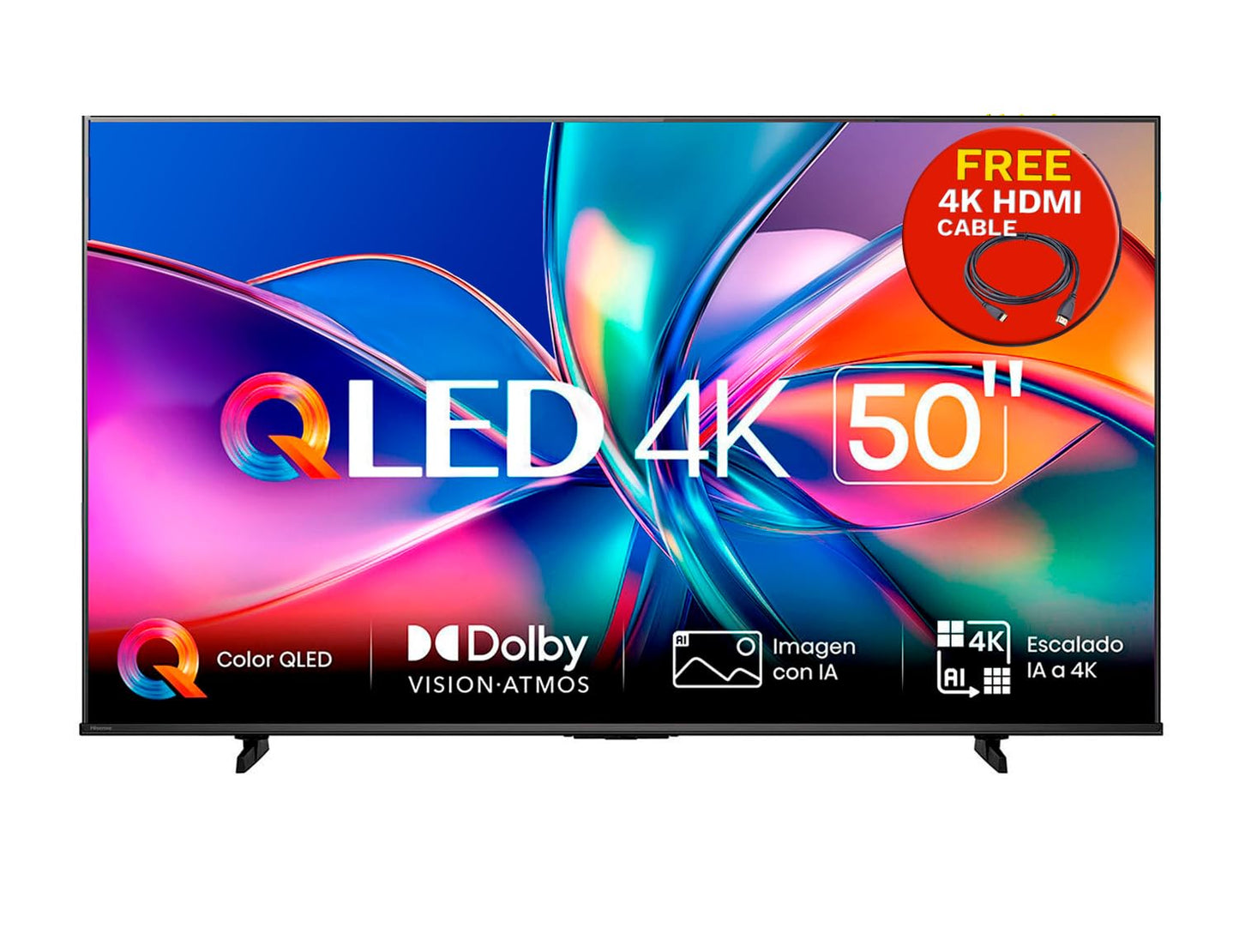 Hisense Pantalla QLED 4K Vidaa U Compatible con Alexa,Dolby Vision Atmos, Escalado IA a UHD, HDMI, LAN, WiFi. Control de Voz. Bluetooth. (2025) Free HDMI Cable UHD. (50")