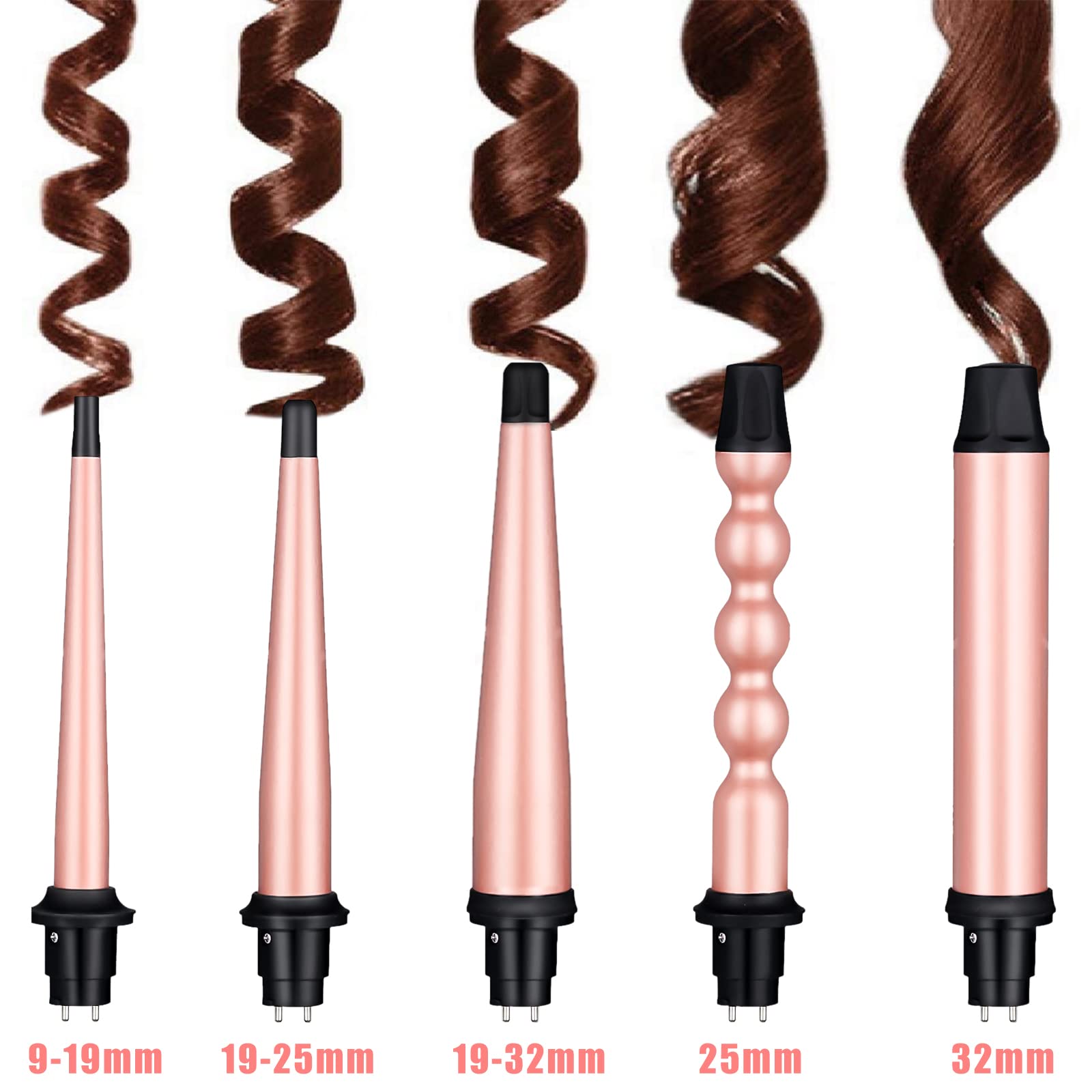 Juego Rizador de Pelo 5 en 1, Rizadora de Pelo Profesional, Intercambiable con Revestimiento de Cerámica, Calentamiento Rápido y Temperatura Ajustable, Ondulado para Rizos Grandes, Medianos o Pequeños, para Todo Tipo de Pelo