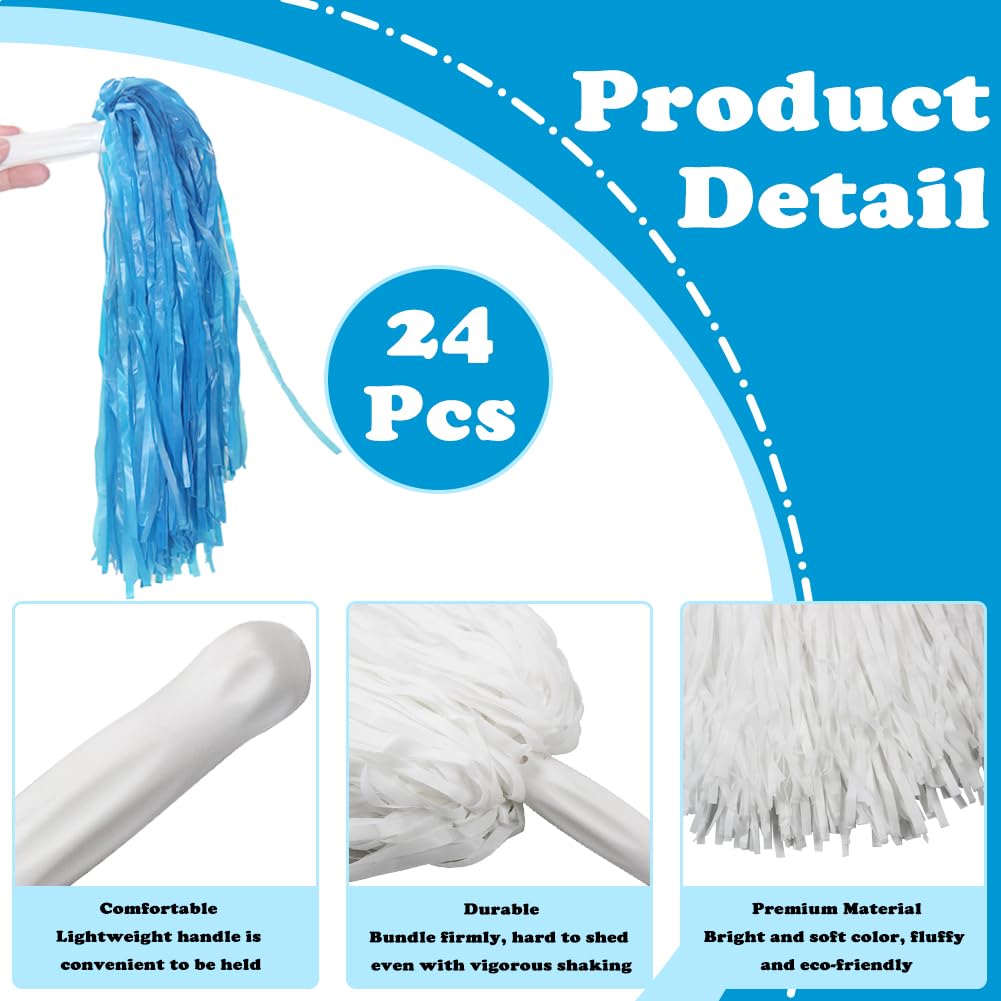 Lovecheer - 24 pompones de animadora azul y blanco con asa para deportes, danza espiritual y actuación de fiesta