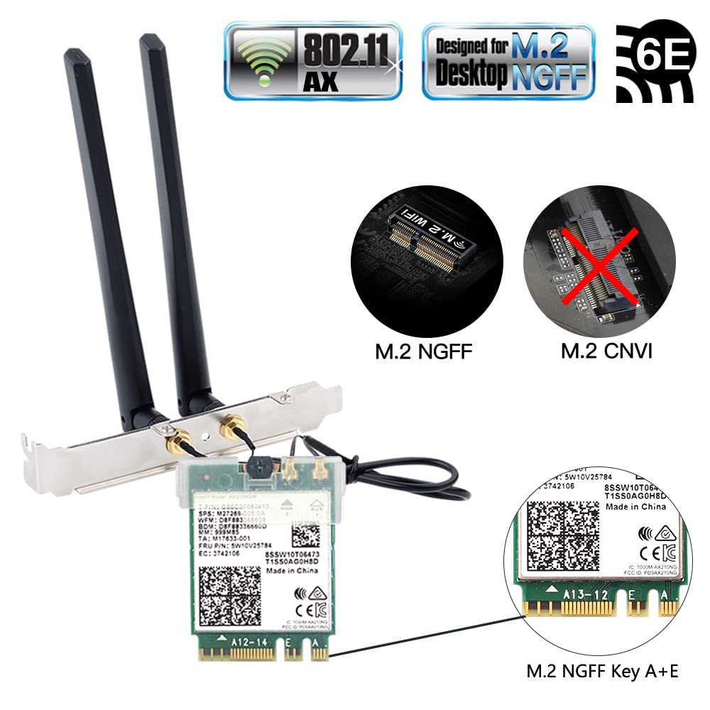 AX210 Tarjeta WiFi 6E WiFi M.2 NGFF Mini kit de computadora Adaptador 6GHz BT5.2 inalámbrico 802.11ax 5400Mbps 2.4Ghz 5Ghz Soporte OFDMA MU-MIMO AX210NGW Tarjeta de red Gigabit