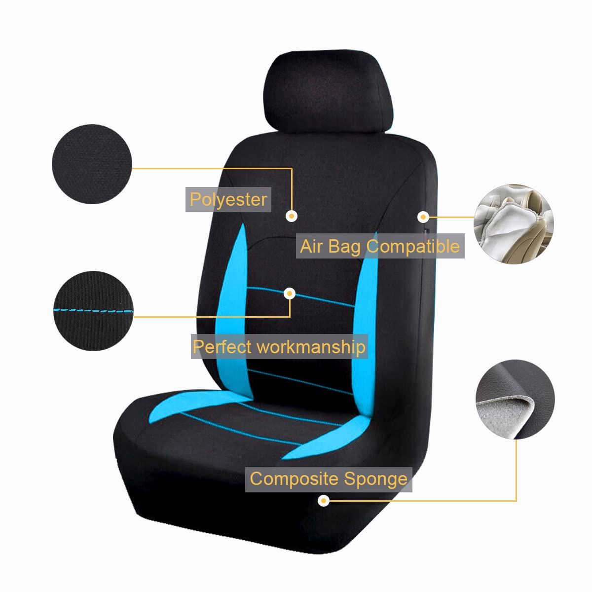 Flying Banner Fundas de Asiento de Coche para Asientos Delanteros y Traseros de poliéster, fáciles instalaciones, Banco Trasero Dividido, (Juego Completo, Respaldo bajo, Negro Azul mentol)