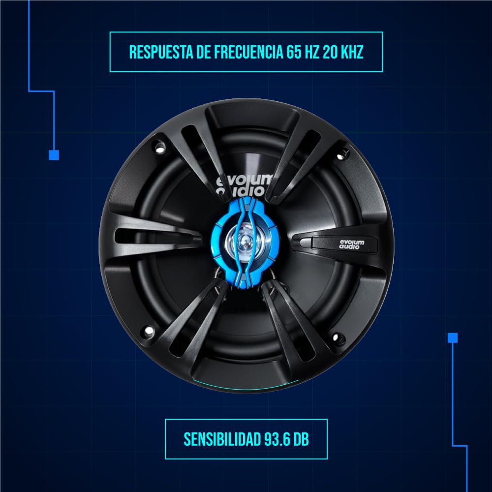 Evolum Audio - Kit Bocinas 2 Vías - Sonido Claro y Potente - Potencia RMS de 100 W - Gran Volumen y Claridad sin Distorsión - Fácil Instalación & Amplia Compatibilidad - Modelo Coaxial (6.5 in)