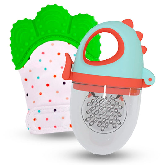 Fruit and Porridge Sucker + Teething Glove, Sound Membrane, Stimulating Relief for Baby, BPA Free, 3 months (Dino Green Red Sucker and Green Glove)