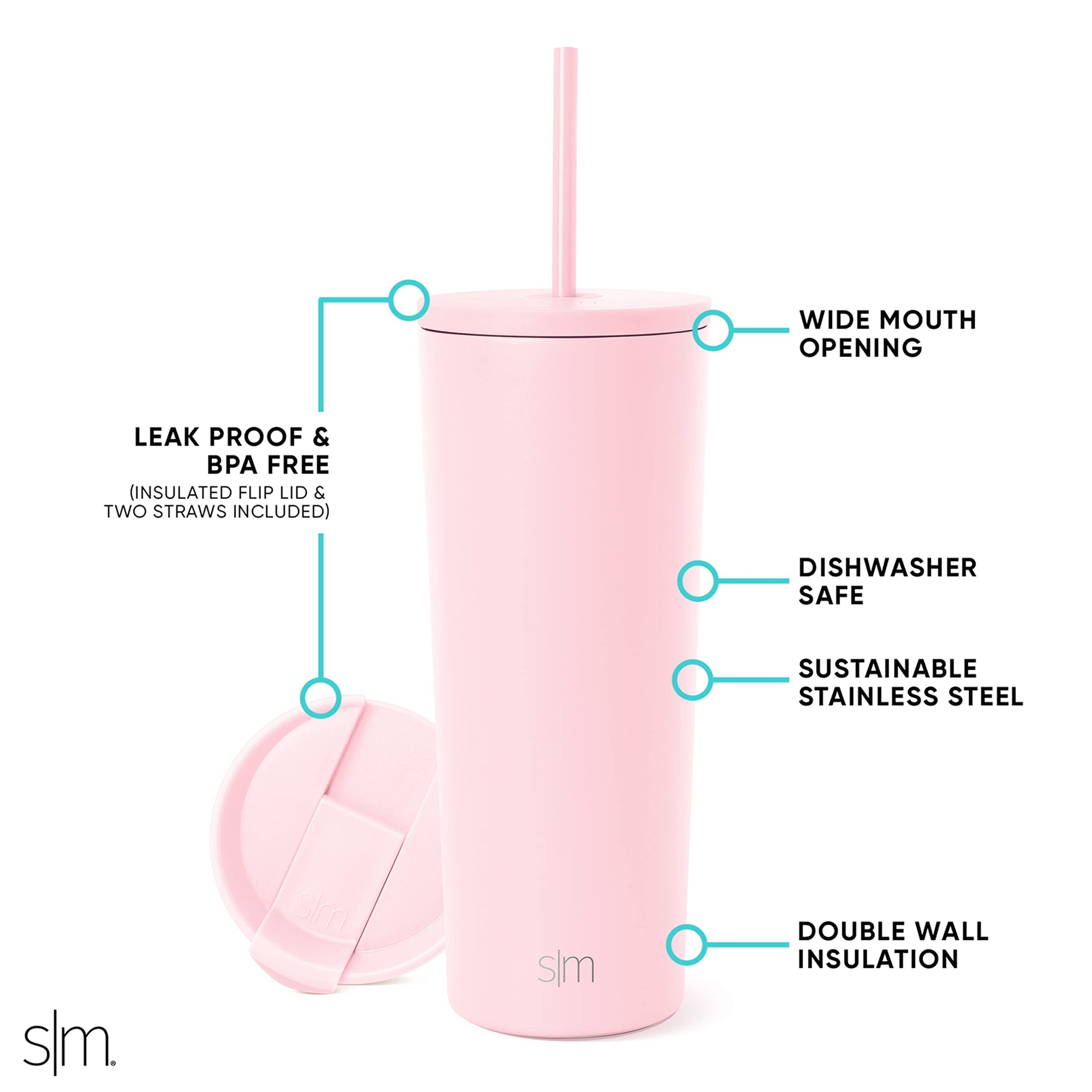 Vaso Térmico Simple Modern Blush con Pajita y Tapa 710ml Reutilizable para Café y Agua de Acero Inoxidable Classic para Mujeres y Hombres