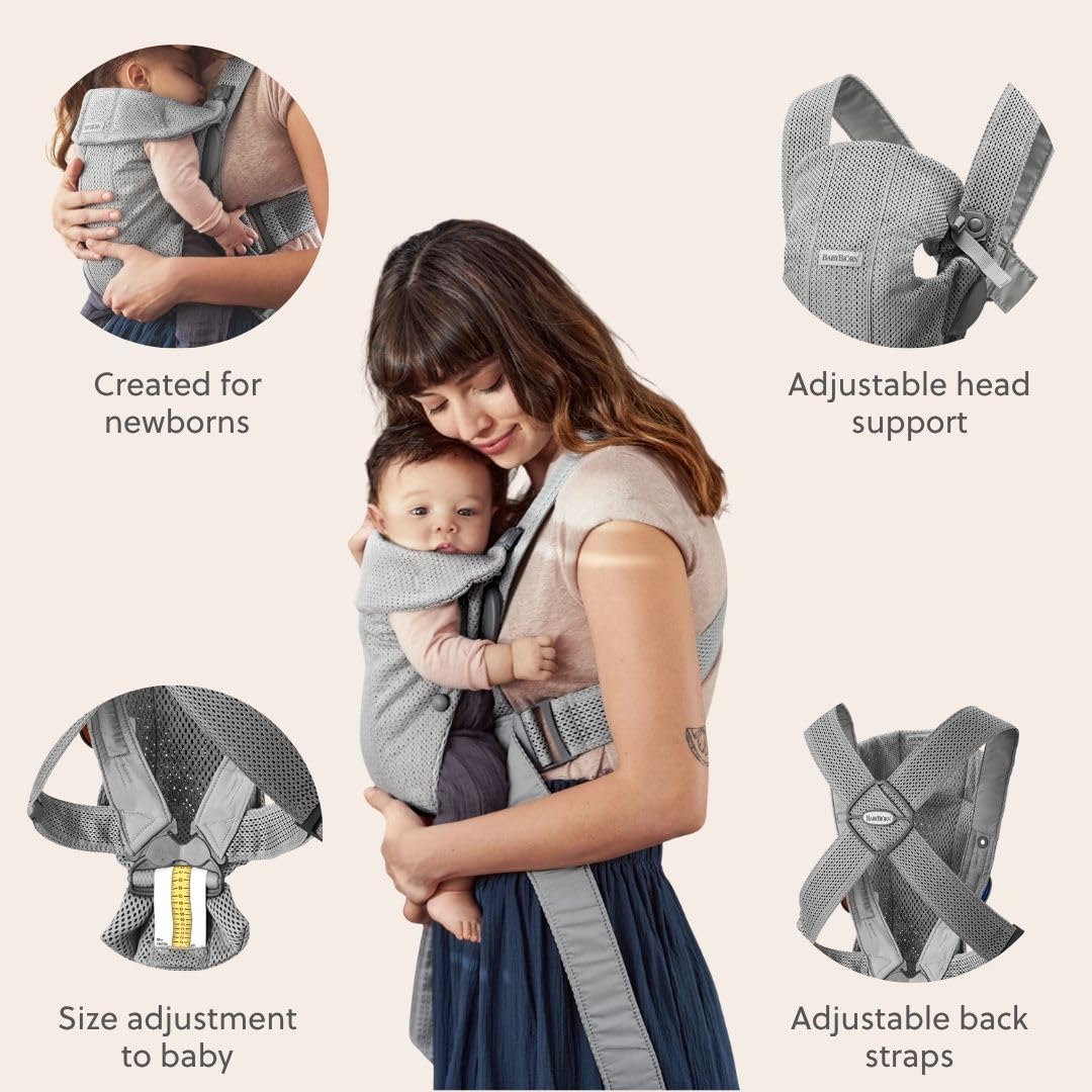 BabyBjörn Canguro Portabebé Mini, Gray, 3D Mesh | Para recién nacidos, de 0 a 12 meses (3.2–11 kg), ergonómico y fácil de usar