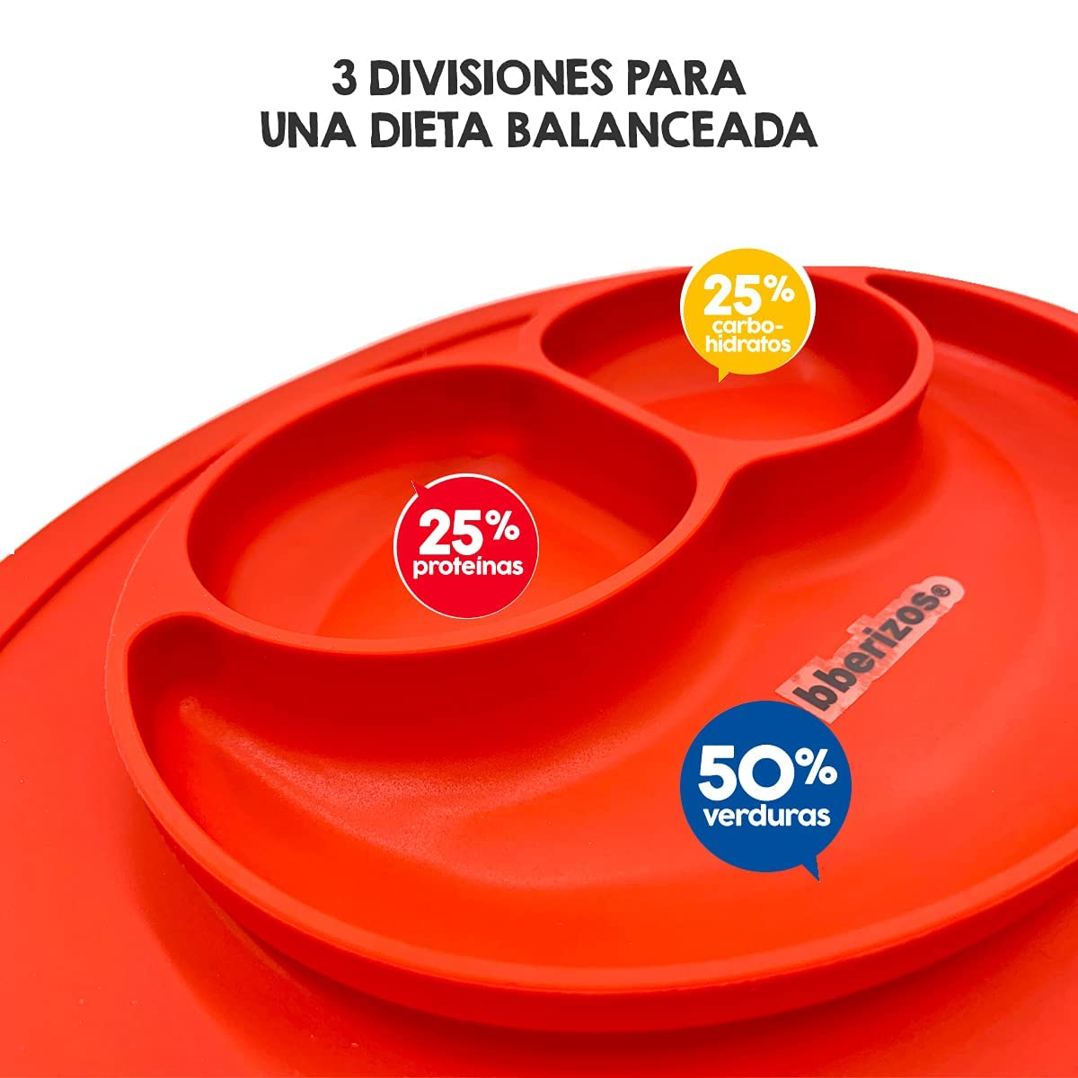 Bberizos| Platos para Bebes Cuchara de Silicona para Bebe Plato con Divisiones Set de Alimentación Niño Niña Snacks Papillas Libre de BPA PVC (Rojo)