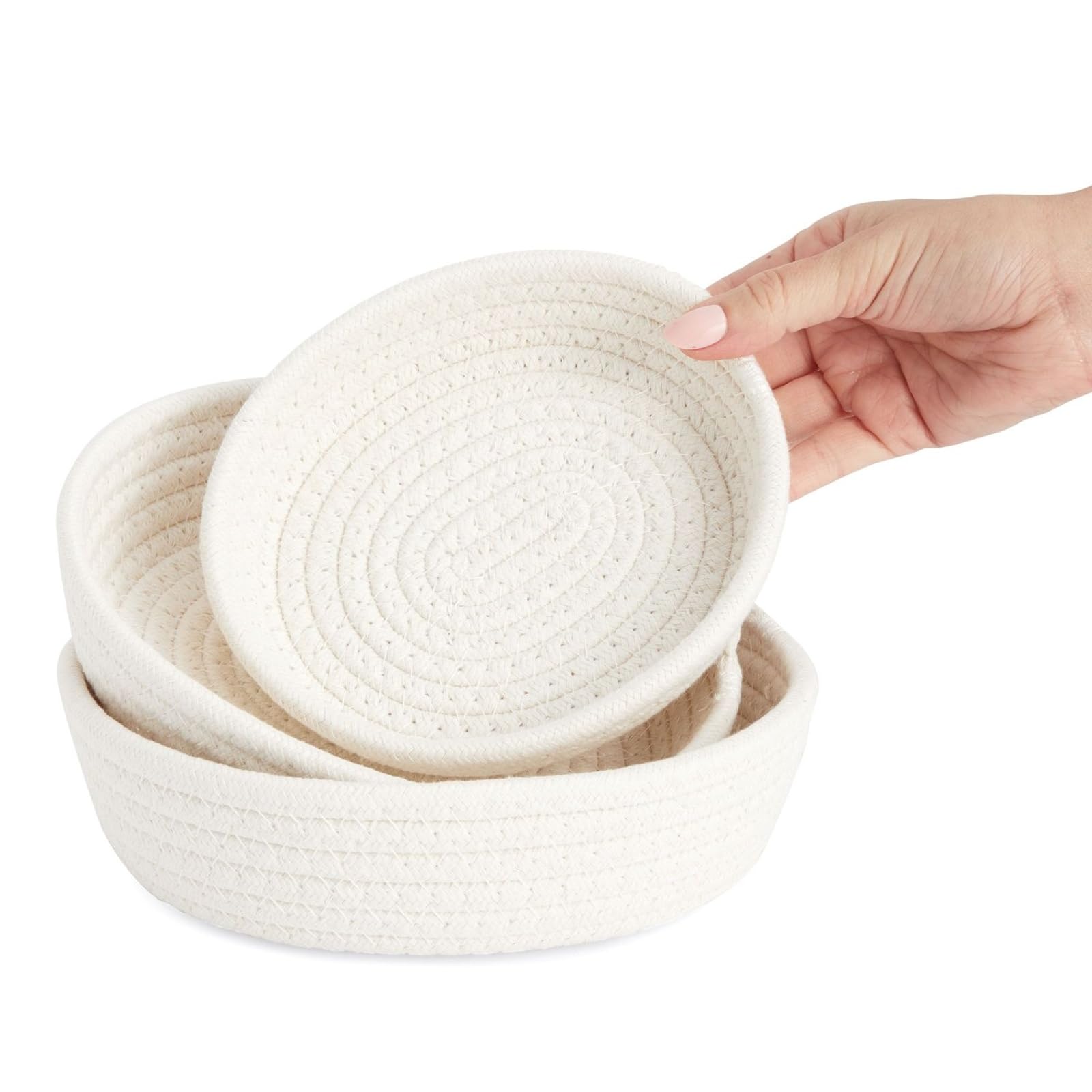 Woven Storage Baskets - 3-Pack Cotton Rope Baskets, Decorative Hampers, Collapsible Rope Storage Bins for Toys, Towels, Blankets, Nursery, Kids Room, 3 Sizes, White