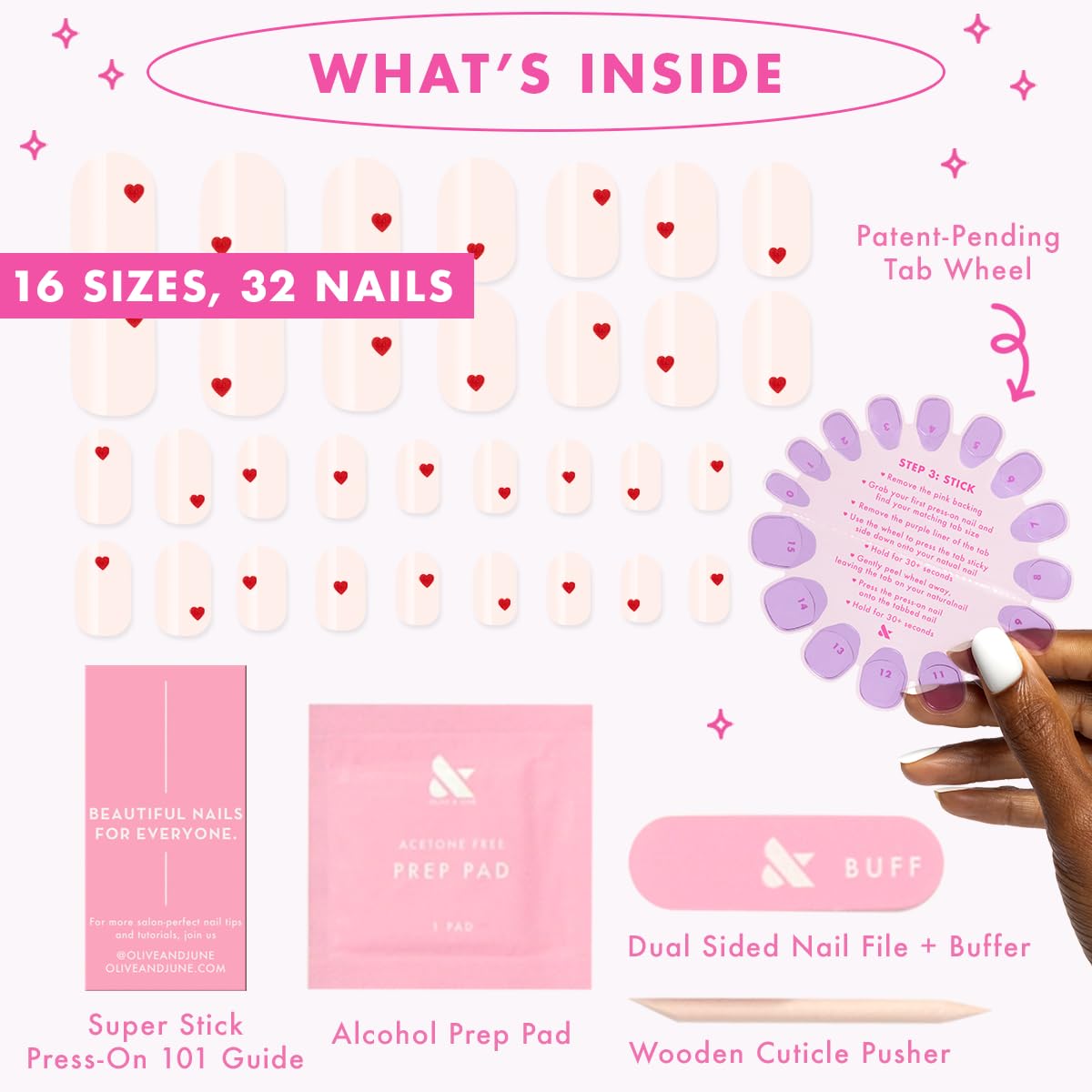 Olive & June Uñas postizas Classic Super Stick Mani | No se necesita pegamento | 32 pestañas, 16 tamaños | Pestañas no tóxicas, fáciles de poner y quitar, aspecto realista que no daña las uñas | Durac