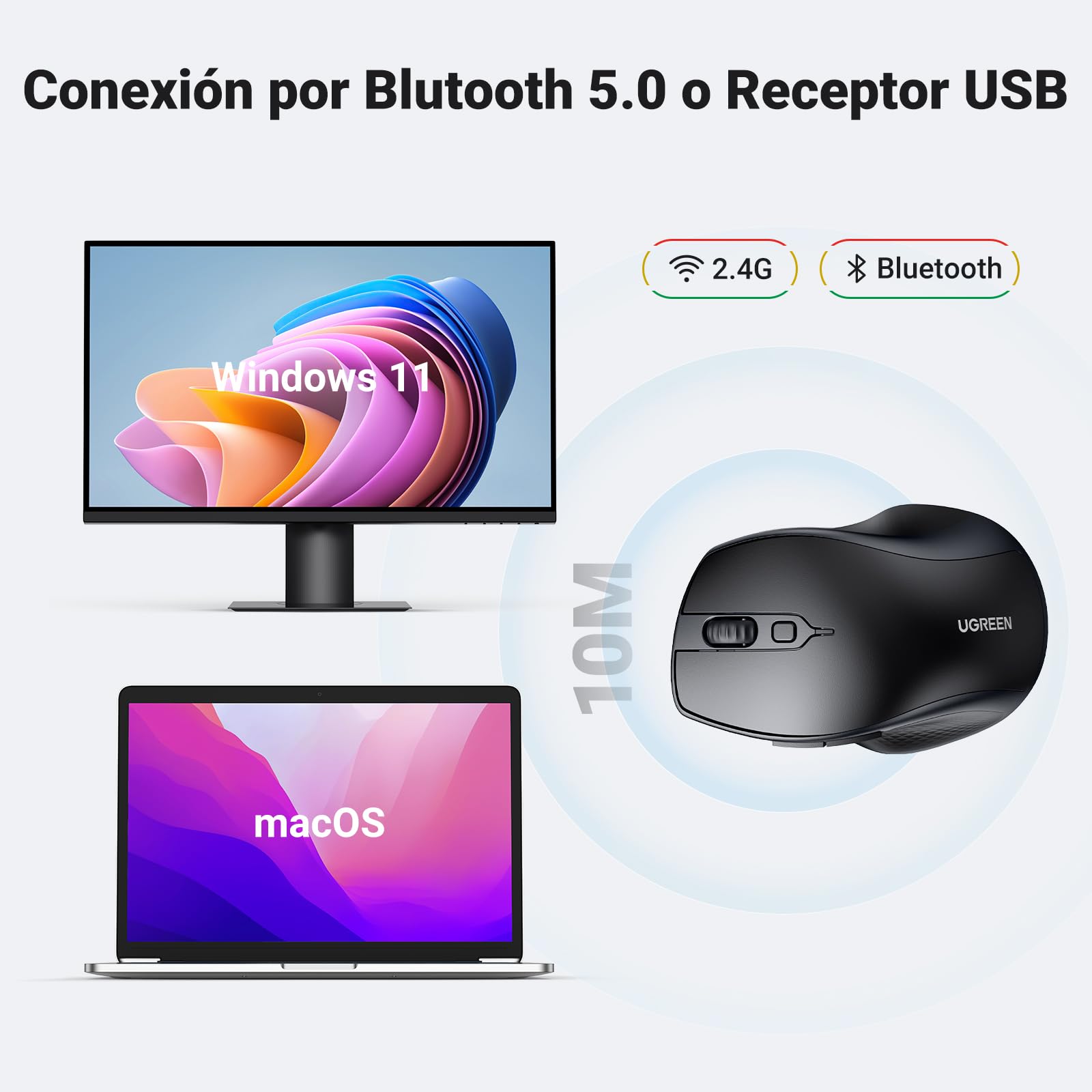 Ratón Bluetooth UGREEN Negro 6 Botones Ergonomía Avanzada 4 Niveles dpi