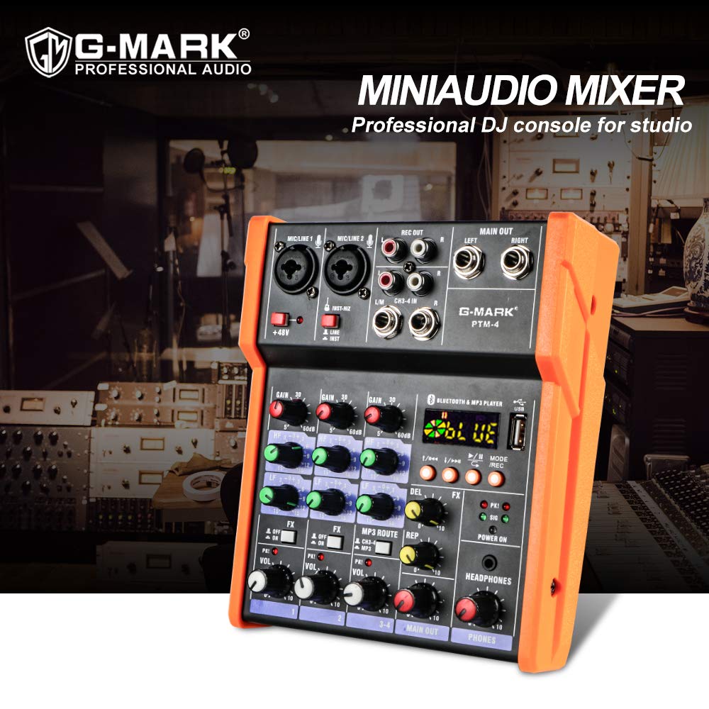 G-MARK Mezcladora de Audio de 4 Canales DJ Mezclador de Audio Digital Interfaz Bluetooth USB Karaoke Consola De Sonido para PC KTV Escenario Grabación, Placa de Sonido Portátil Consola de Mezcla