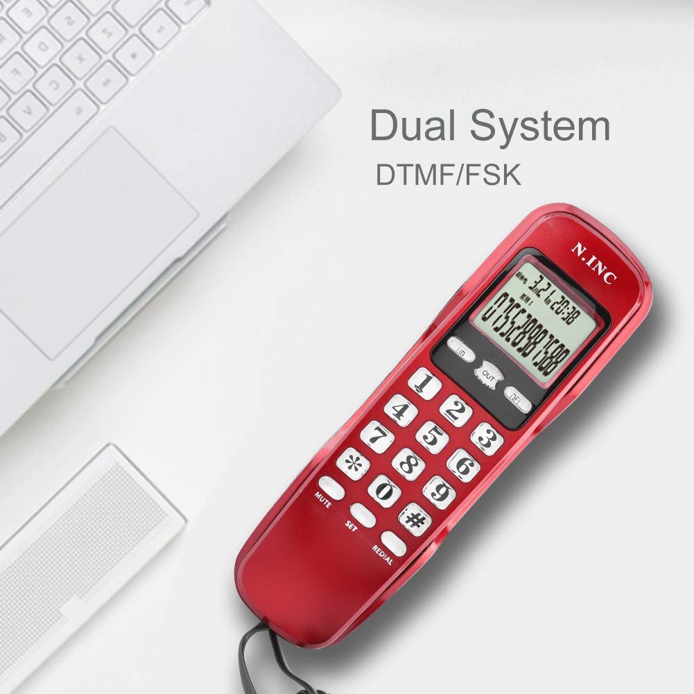ASHATA Teléfono Fijo con Pantalla LCD, Teléfono con Cable Multifuncional Capacidad de 38 Contactos,Memoria Entrante,Comprobación de Recuerdos,Devolución de Llamada(DTMF/FSK)(Rojo)