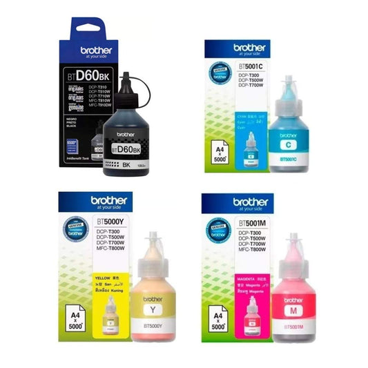 Brother Pack Kit 4 Botellas Tinta BTD60BK Negro - Color BT5001Y BT5001C BT5001M Originales Compatibles HL-T4000DW DCP-T310 DCP-T510W DCP-T710W MFC-T810W MFC-T910DW MFC-T4500DW