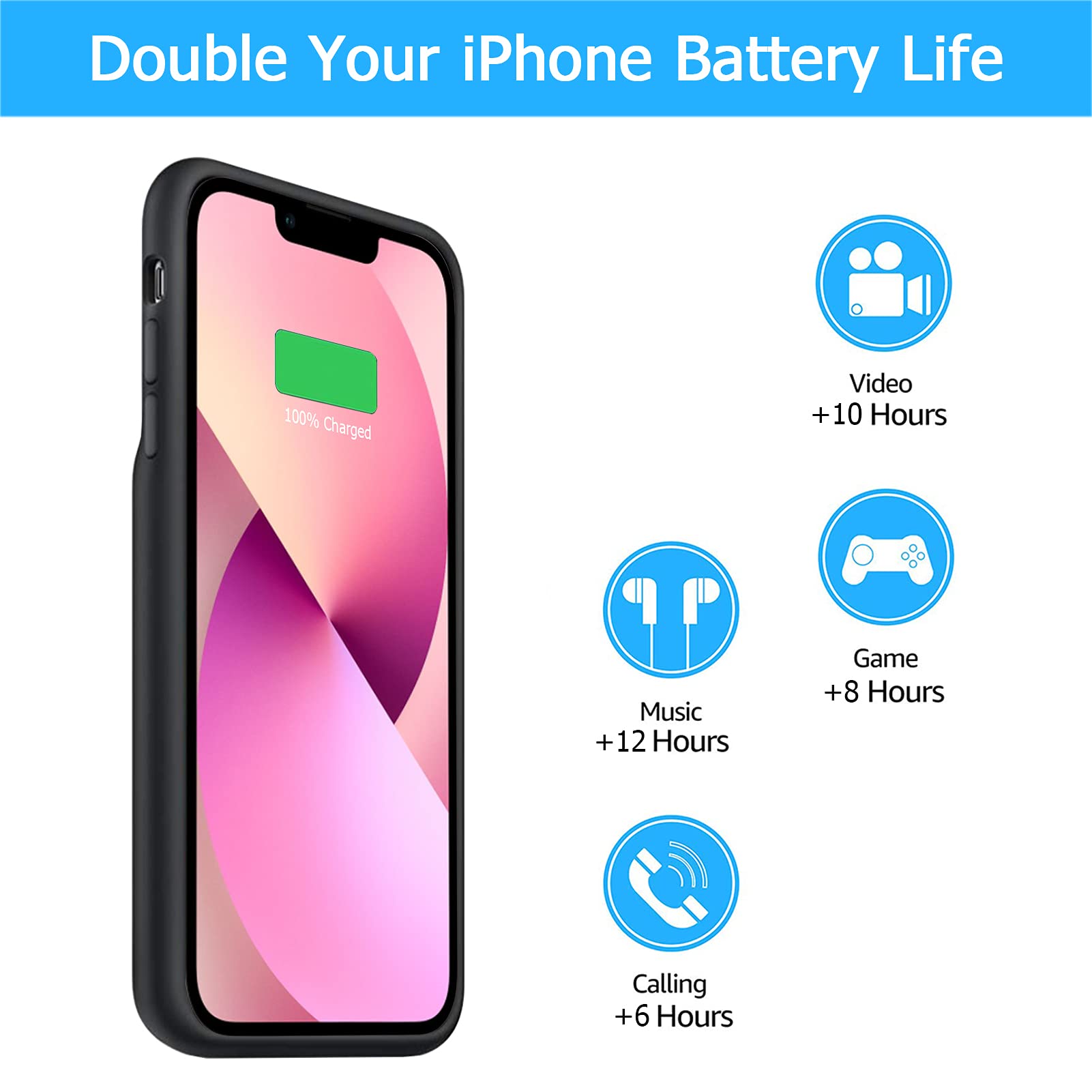 BOVSRT - Funda de batería para iPhone 13 Mini, 6500 mAh, delgada, recargable, inteligente, de carga extendida, con alta capacidad, protección de alto impacto, color negro